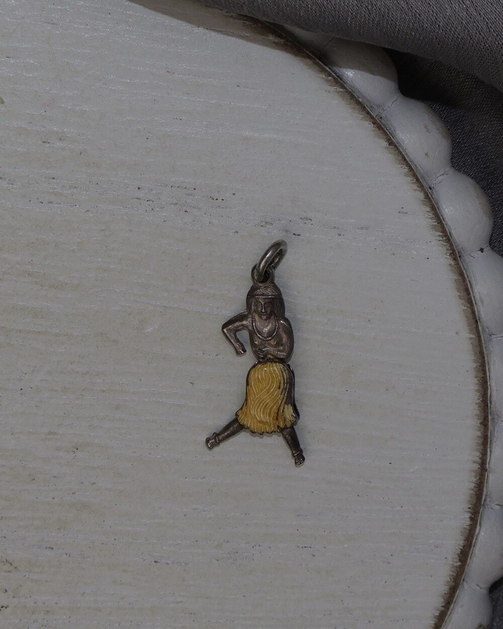 Vintage Sterling Moving Hula Dancer Yellow Enamel Charm 1.2G / 0.9in